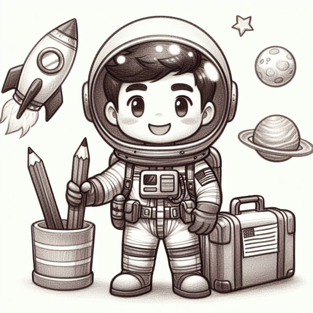 astronaut cartoon style pencil drawing