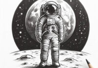 astronaut pencil drawing standing on a planet