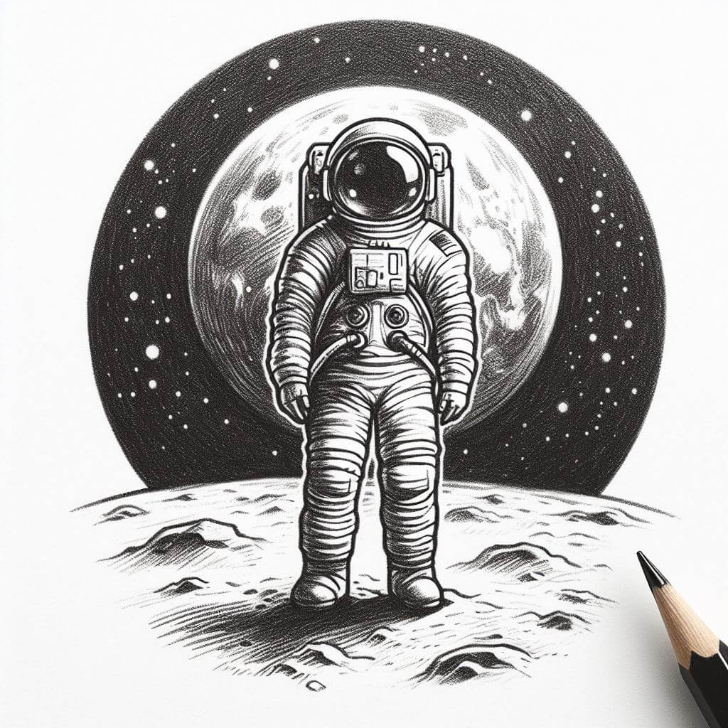 astronaut pencil drawing standing on a planet